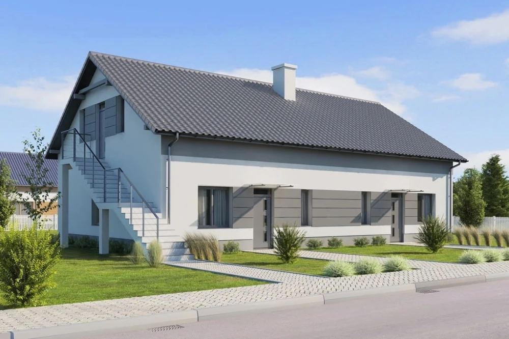 Projekt domu Ibala 2 tech. L-6646 tech., lokalno - usługowy, parterowy z poddaszem nieużytkowym - kolorystyka wersja 2
