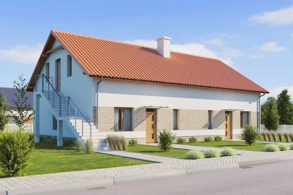 Projekt domu Ibala 2 tech. L-6646 tech., lokalno - usługowy, parterowy z poddaszem nieużytkowym - kolorystyka wersja 3