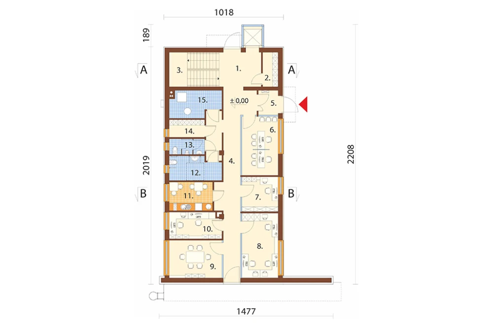 Projekt budynku biurowego K-179, trzykondygnacyjny, niepodpiwniczony, zaprojektowany w technologii tradycyjnej murowanej - rzut parteru