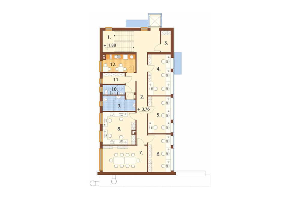 Projekt budynku biurowego K-179, trzykondygnacyjny, niepodpiwniczony, zaprojektowany w technologii tradycyjnej murowanej - rzut I piętra