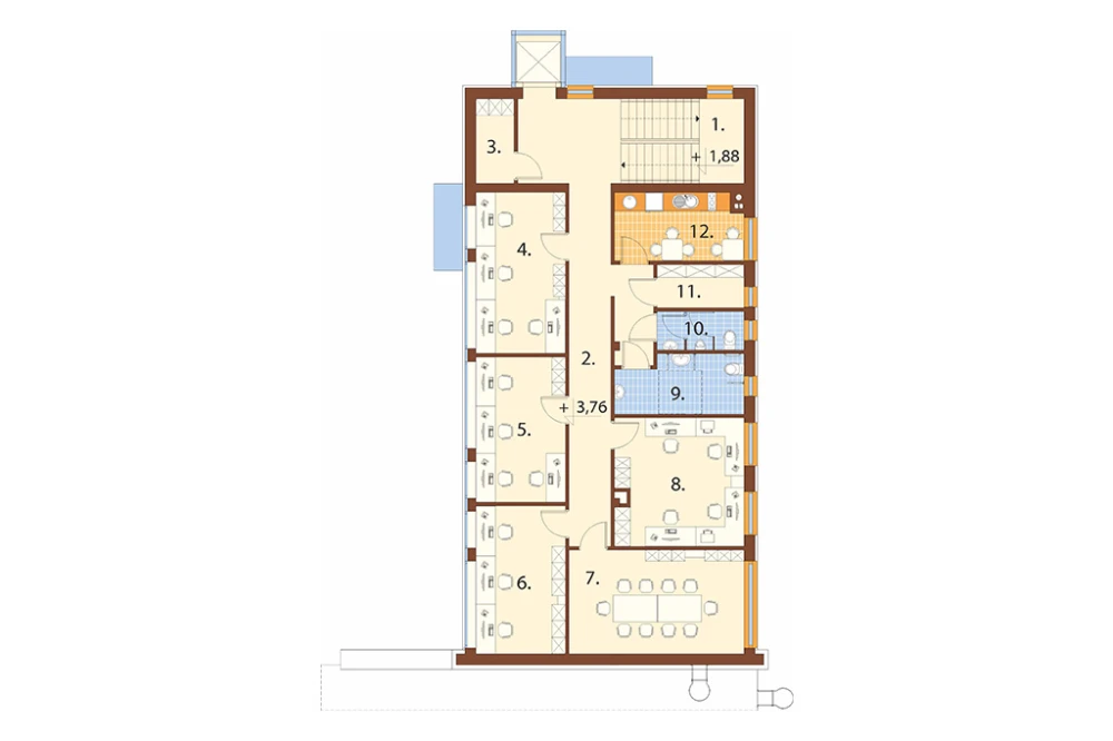 Projekt budynku biurowego LK-179, trzykondygnacyjny, niepodpiwniczony, zaprojektowany w technologii tradycyjnej murowanej - rzut I piętra