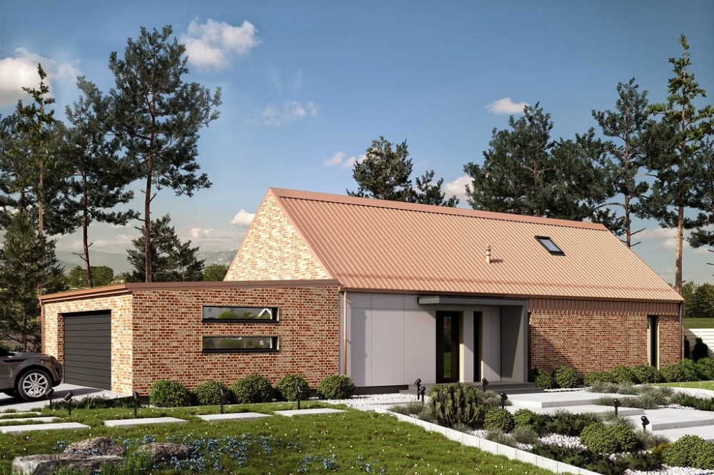 Projekt domu Nezano tech. DM-6695 tech., parterowy z poddaszem użytkowym, z garażem dwustanowiskowym - kolorystyka wersja 3