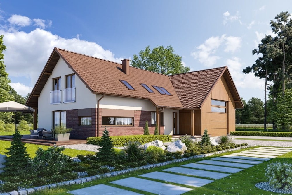 Projekt domu Koria tech. DM-6696 tech., parterowy z poddaszem użytkowym, niepodpiwniczony, z garażem dwustanowiskowym - kolorystyka wersja 4