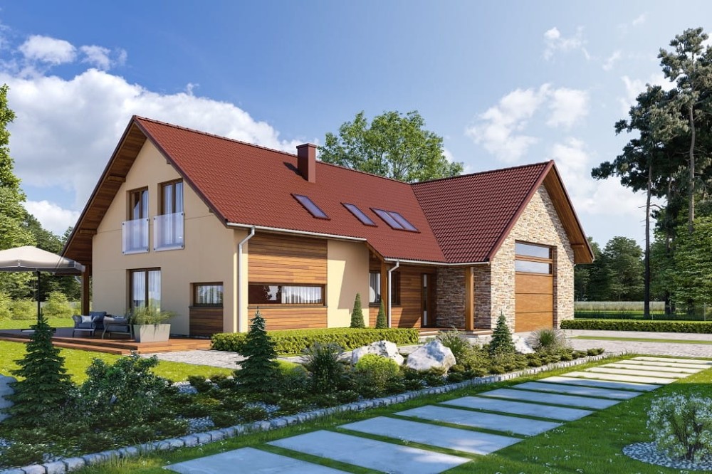 Projekt domu Koria tech. DM-6696 tech., parterowy z poddaszem użytkowym, niepodpiwniczony, z garażem dwustanowiskowym - kolorystyka wersja 3