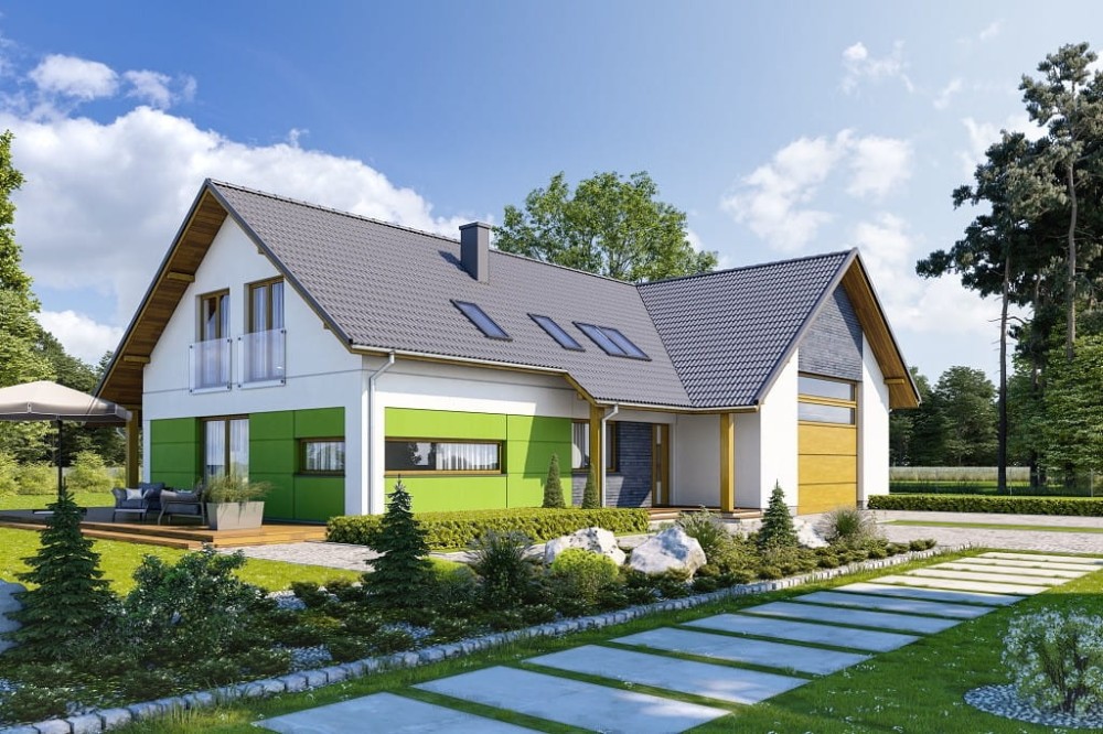 Projekt domu Koria tech. DM-6696 tech., parterowy z poddaszem użytkowym, niepodpiwniczony, z garażem dwustanowiskowym - kolorystyka wersja 2