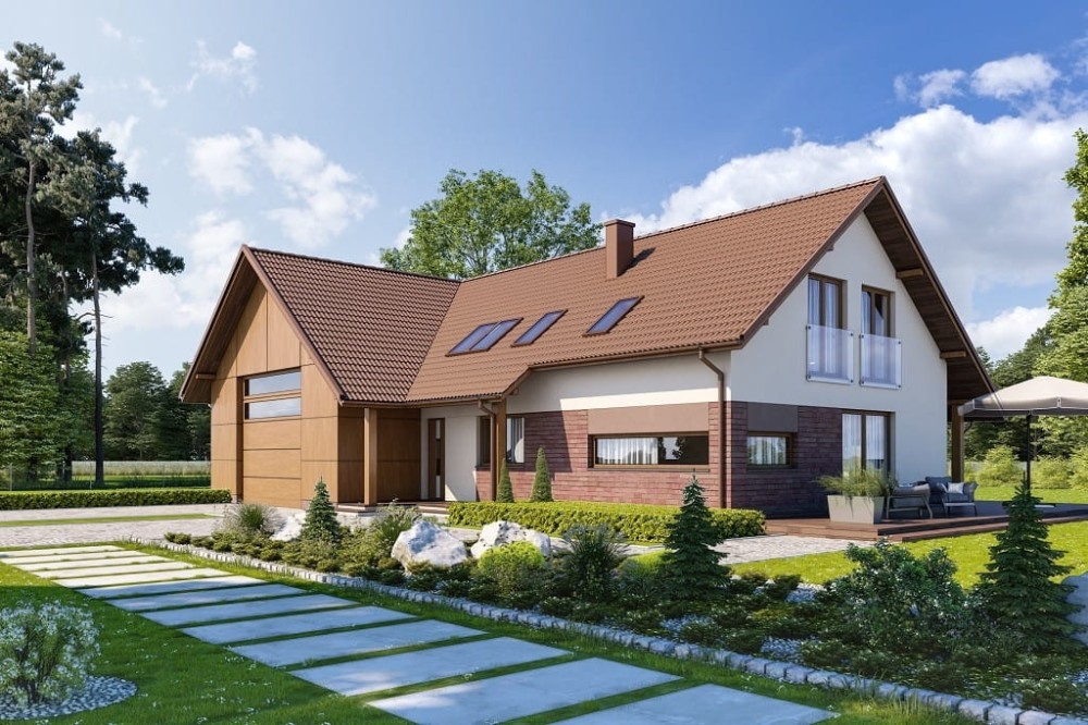 Projekt domu Koria 2 tech. L-6696 tech., parterowy z poddaszem użytkowym, niepodpiwniczony, z garażem dwustanowiskowym - kolorystyka wersja 4