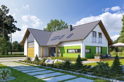 Projekt domu Koria 2 tech. L-6696 tech., parterowy z poddaszem użytkowym, niepodpiwniczony, z garażem dwustanowiskowym - kolorystyka wersja 2