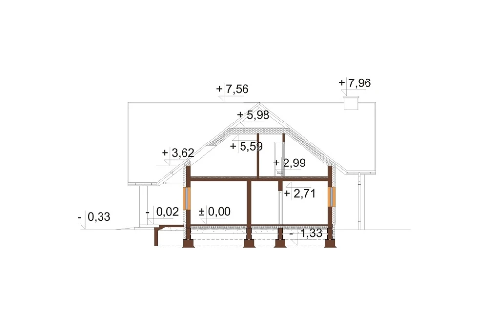Projekt domu Koria 2 L-6696, parterowy z poddaszem użytkowym, niepodpiwniczony, z garażem dwustanowiskowym - przekrój A-A