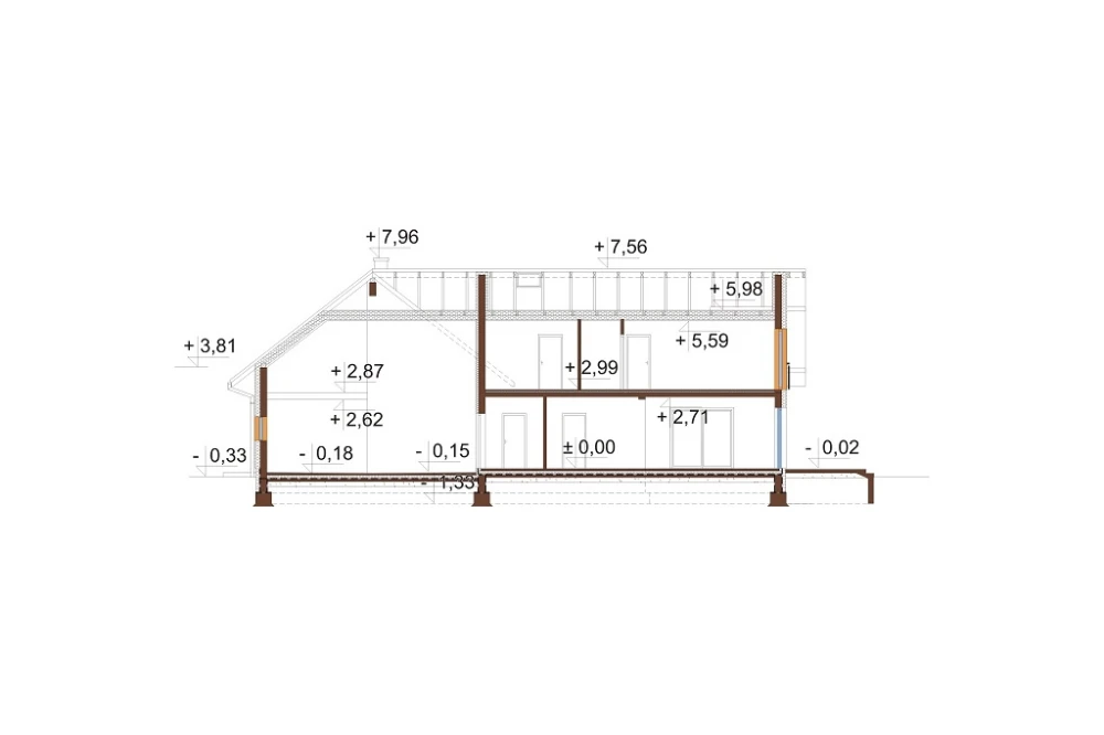 Projekt domu Koria 2 L-6696, parterowy z poddaszem użytkowym, niepodpiwniczony, z garażem dwustanowiskowym - przekrój B-B
