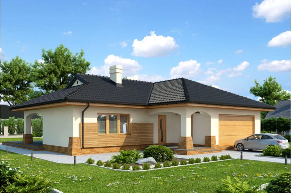 Projekt domu Gorzków tech. DM-6331 tech., parterowy, z garażem dwustanowiskowym, bez podpiwniczenia - kolorystyka wersja 1