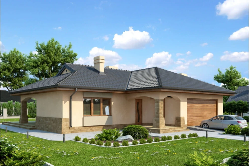 Projekt domu Gorzków tech. DM-6331 tech., parterowy, z garażem dwustanowiskowym, bez podpiwniczenia - kolorystyka wersja 2