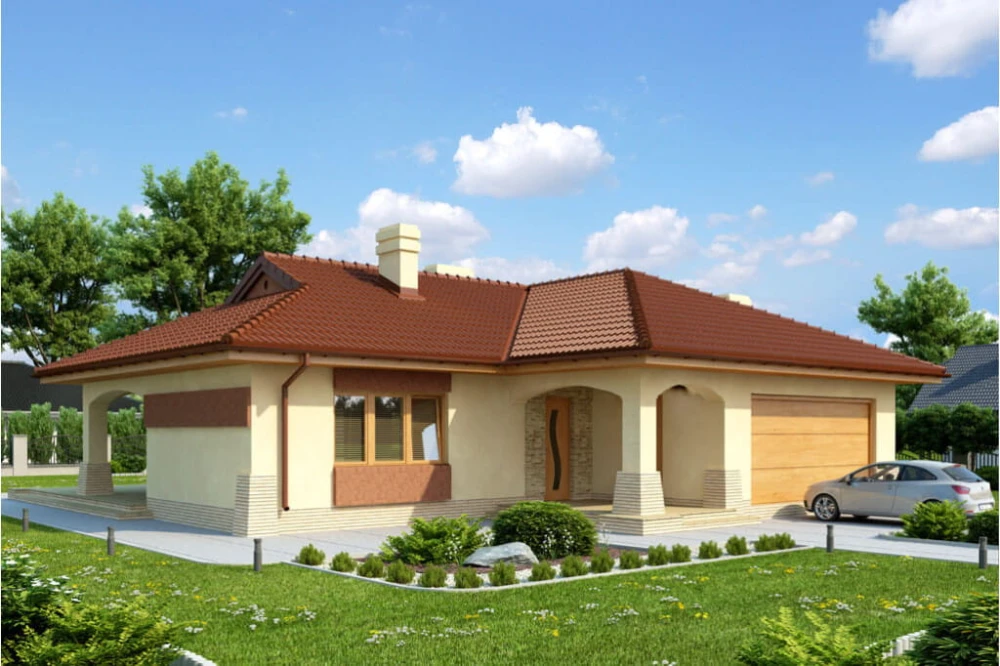 Projekt domu Gorzków tech. DM-6331 tech., parterowy, z garażem dwustanowiskowym, bez podpiwniczenia - kolorystyka wersja 4