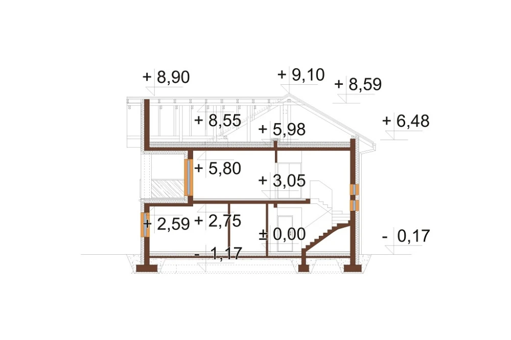 Projekt domu Histrium 2 L-6799,  jednorodzinny, dwulokalowy z dwoma kondygnacjami nadziemnymi -przekrój B-B