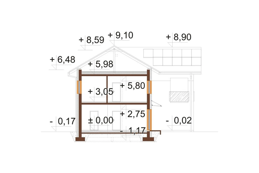 Projekt domu Histrium DM-6799,  jednorodzinny, dwulokalowy z dwoma kondygnacjami nadziemnymi - przekrój A-A
