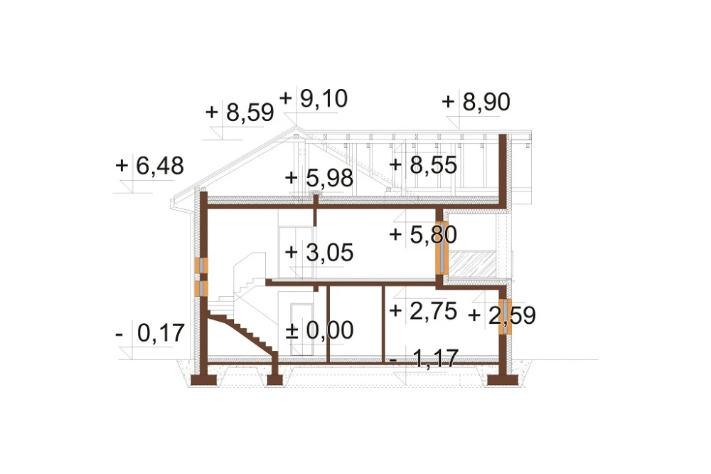 Projekt domu Histrium DM-6799,  jednorodzinny, dwulokalowy z dwoma kondygnacjami nadziemnymi - przekrój B-B