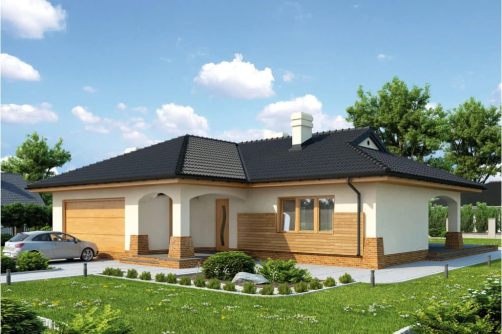 Projekt domu Gorzków 2 tech. L-6331 tech., parterowy, z garażem dwustanowiskowym, bez podpiwniczenia - kolorystyka wersja 1