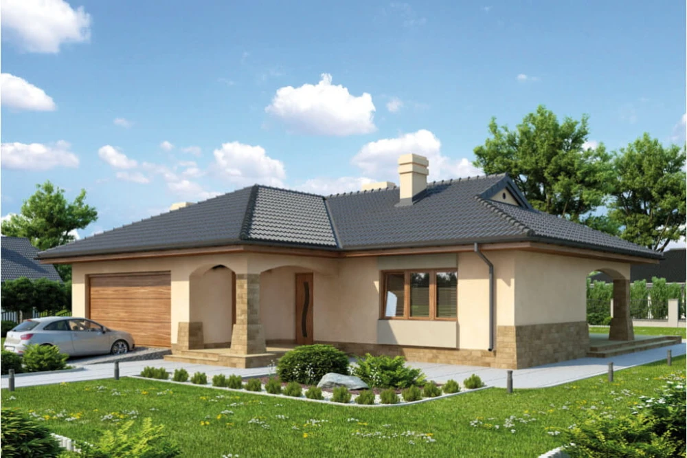 Projekt domu Gorzków 2 tech. L-6331 tech., parterowy, z garażem dwustanowiskowym, bez podpiwniczenia - kolorystyka wersja 2