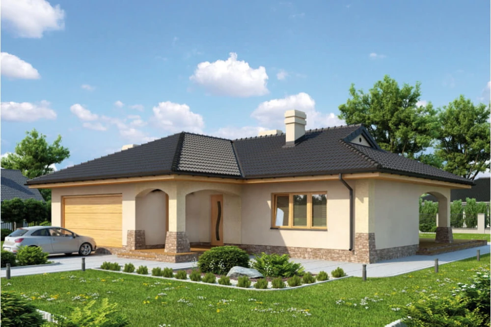 Projekt domu Gorzków 2 tech. L-6331 tech., parterowy, z garażem dwustanowiskowym, bez podpiwniczenia - kolorystyka wersja 3