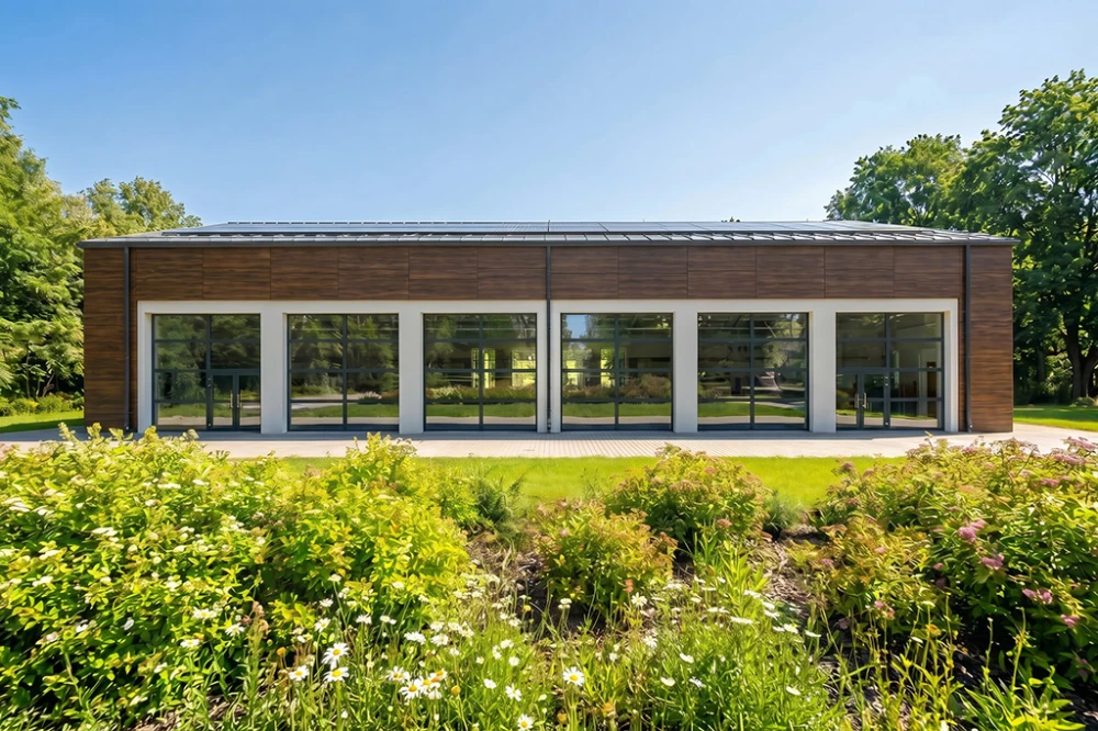 Projekt krytego basenu z częścią mieszkalną  K-176, częściowo podpiwniczony, z dwiema kondygnacjami nadziemnymi: parterem oraz piętrem - wizualizacja elewacji lewej