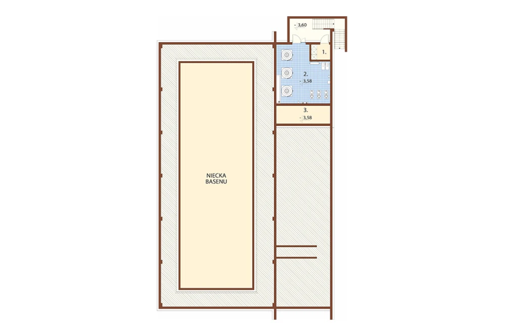 Projekt krytego basenu z częścią mieszkalną  K-176, częściowo podpiwniczony, z dwiema kondygnacjami nadziemnymi: parterem oraz piętrem - rzut piwnicy