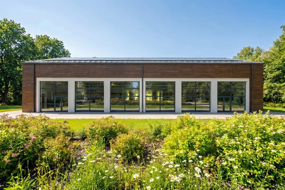 Projekt krytego basenu z częścią mieszkalną  LK-176, częściowo podpiwniczony, z dwiema kondygnacjami nadziemnymi: parterem oraz piętrem - wizualizacja elewacji lewej