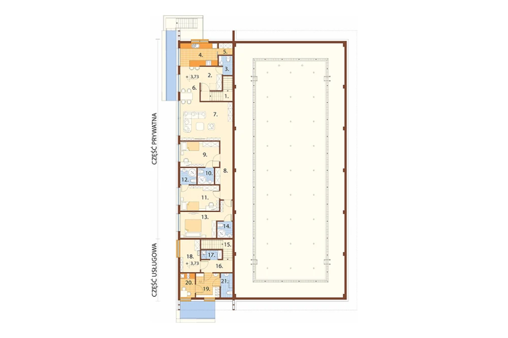 Projekt krytego basenu z częścią mieszkalną  LK-176, częściowo podpiwniczony, z dwiema kondygnacjami nadziemnymi: parterem oraz piętrem - rzut piętra