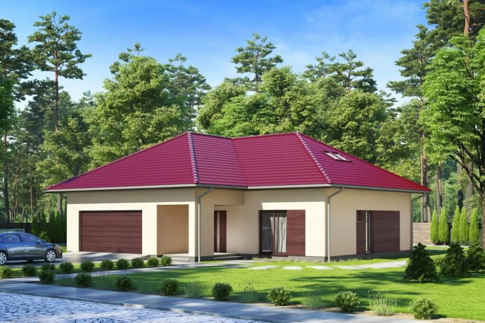 Projekt domu Wiechlina tech. DM-6628 tech., parterowy z poddaszem do adaptacji, z garażem dwustanowiskowym, bez podpiwniczenia - kolorystyka wersja 2