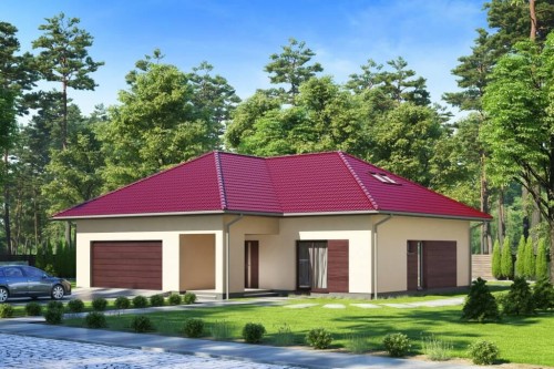 Projekt domu Wiechlina tech. DM-6628 tech., parterowy z poddaszem do adaptacji, z garażem dwustanowiskowym, bez podpiwniczenia - kolorystyka wersja 2