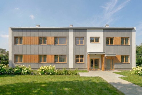 Projekt budynku wielorodzinnego DM-6908, dwukondygnacyjny, niepodpiwniczony, z 10 lokalami mieszkalnymi - wizualizacja elewacji frontowej