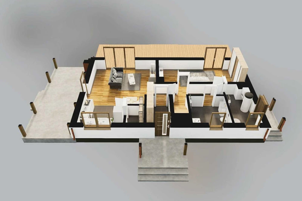 Projekt domu Etavia 2 L-6802, parterowy, z poddaszem użytkowym, niepodpiwniczony, bez garażu - rzut 3D parteru