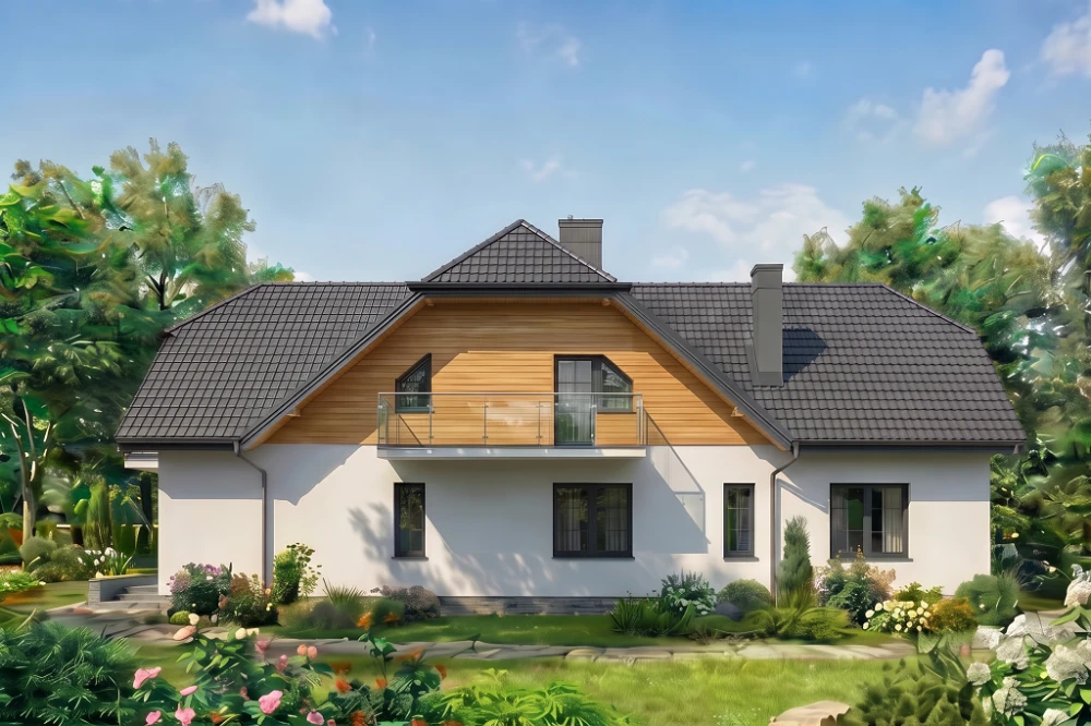 Projekt domu Brodów DM-6182, parterowy z użytkowym poddaszem, częściowo podpiwniczony, z garażem dwustanowiskowym - wizualizacja elewacji lewej