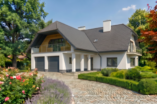 Projekt domu Brodów DM-6182, parterowy z użytkowym poddaszem, częściowo podpiwniczony, z garażem dwustanowiskowym - wizualizacja elewacji frontowej