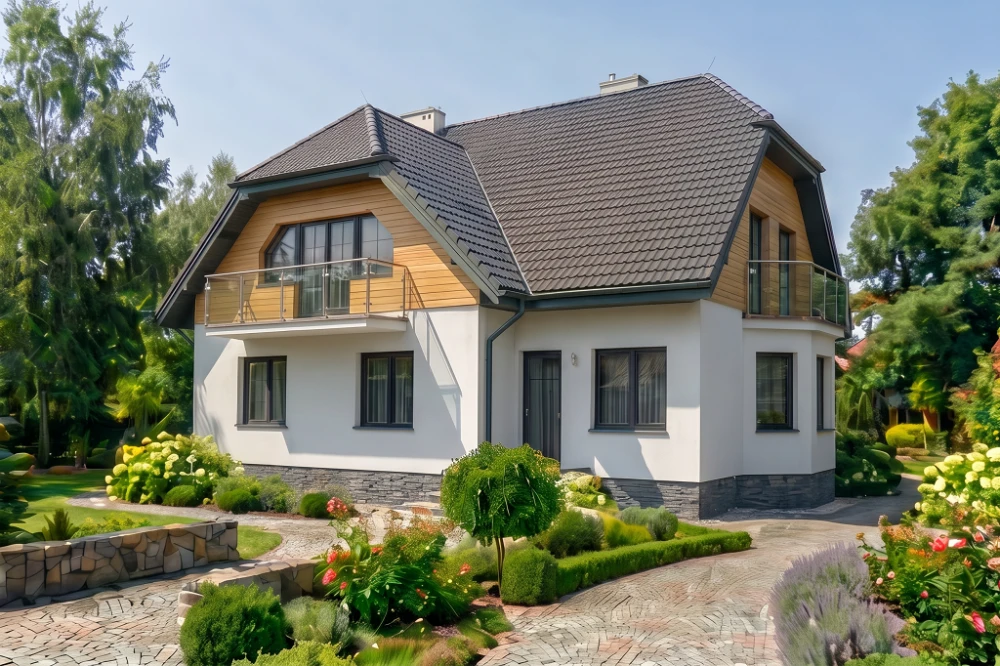 Projekt domu Brodów 2 L-6182, parterowy z użytkowym poddaszem, częściowo podpiwniczony, z garażem dwustanowiskowym - wizualizacja elewacji ogrodowej