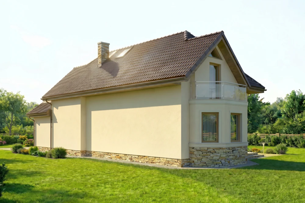 Projekt domu Świdnica tech. L-5588 tech.,  parterowy z użytkowym poddaszem, niepodpiwniczony, z garażem - wizualizacja elewacji prawej