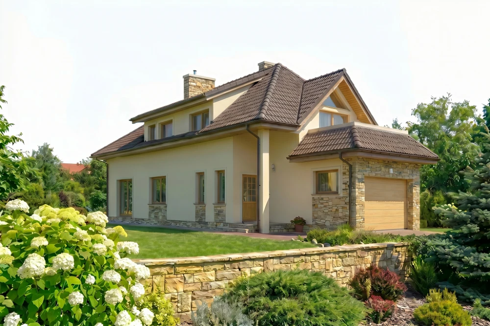 Projekt domu Świdnica tech. L-5588 tech., parterowy z użytkowym poddaszem, niepodpiwniczony, z garażem - wizualizacja elewacji lewej