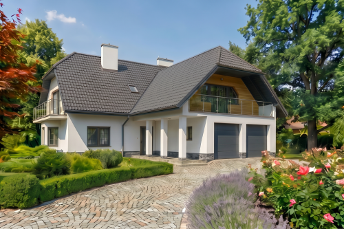 Projekt domu Brodów 2 tech. L-6182 tech., parterowy z użytkowym poddaszem, częściowo podpiwniczony, z garażem dwustanowiskowym - wizualizacja elewacji frontowej