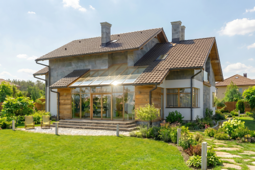 Projekt domu Cereda tech. DM-6465 tech., parterowy z użytkowym poddaszem, niepodpiwniczony, z garażem dwustanowiskowym - wizualizacja elewacji ogrodowej