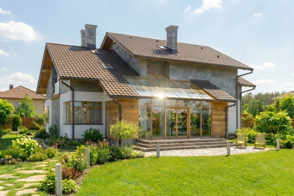 Projekt domu Cereda Due tech. L-6465 tech., parterowy z użytkowym poddaszem, niepodpiwniczony, z garażem dwustanowiskowym - wizualizacja elewacji ogrodowej