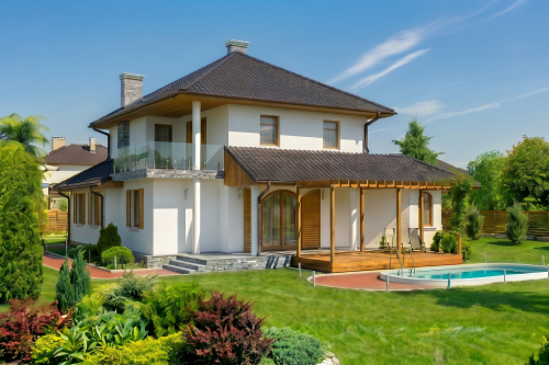 Projekt domu Falzorego tech. DM-6455 tech., piętrowy, z garażem dwustanowiskowym, niepodpiwniczony - wizualizacja elewacji ogrodowej