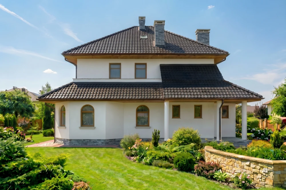 Projekt domu Falzorego tech. DM-6455 tech., piętrowy, z garażem dwustanowiskowym, niepodpiwniczony - wizualizacja elewacji lewej