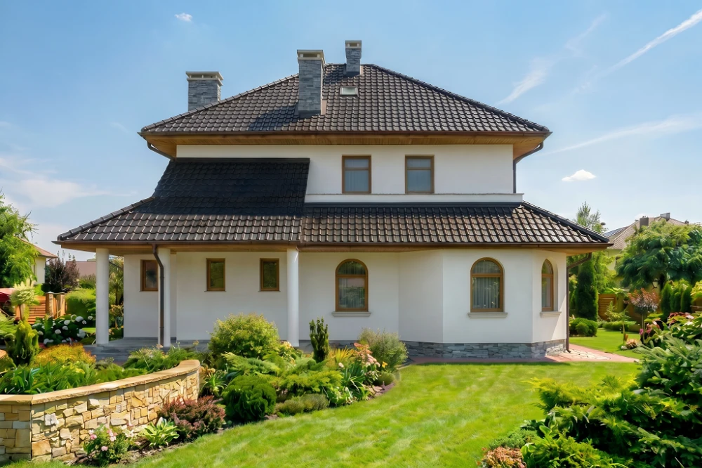 Projekt domu Falzorego Due tech. L-6455 tech.,  piętrowy, z garażem dwustanowiskowym, niepodpiwniczony - wizualizacja elewacji prawej