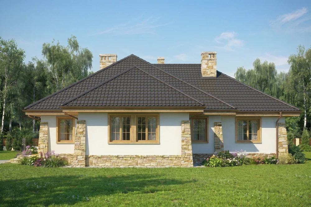 Projekt domu Kaliste DM-6406, parterowy, z garażem, bez podpiwniczenia - wizualizacja elewacji ogrodowej