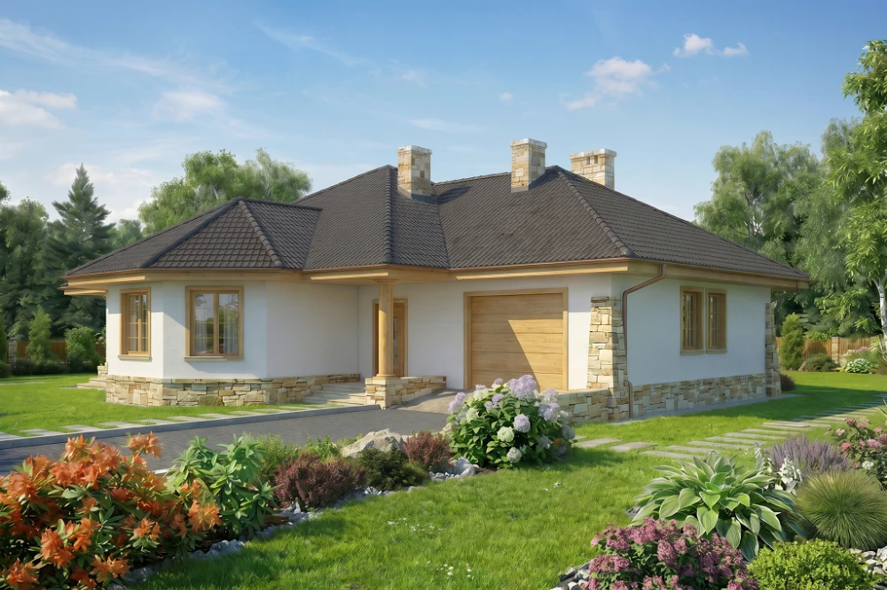 Projekt domu Kaliste 2 L-6406, parterowy, z garażem, bez podpiwniczenia - wizualizacja elewacji frontowej