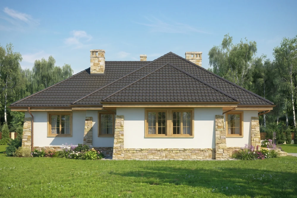 Projekt domu Kaliste 2 L-6406, parterowy, z garażem, bez podpiwniczenia - wizualizacja elewacji ogrodowej