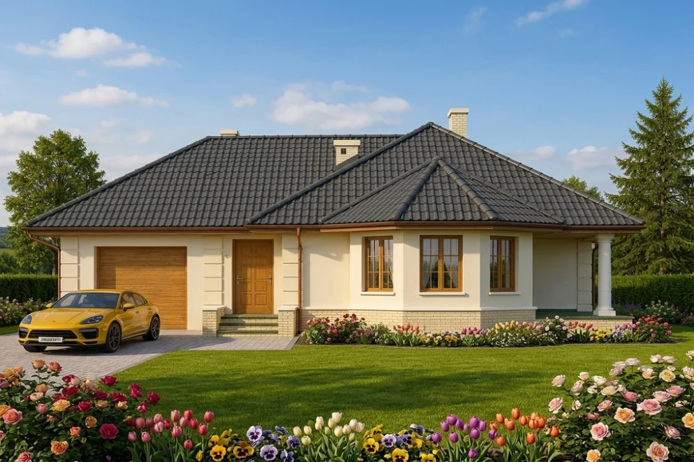 Projekt domu Miłosna 2 L-6429, parterowy z poddaszem nieużytkowym, bez podpiwniczenia, z garażem - wizualizacja elewacji frontowej