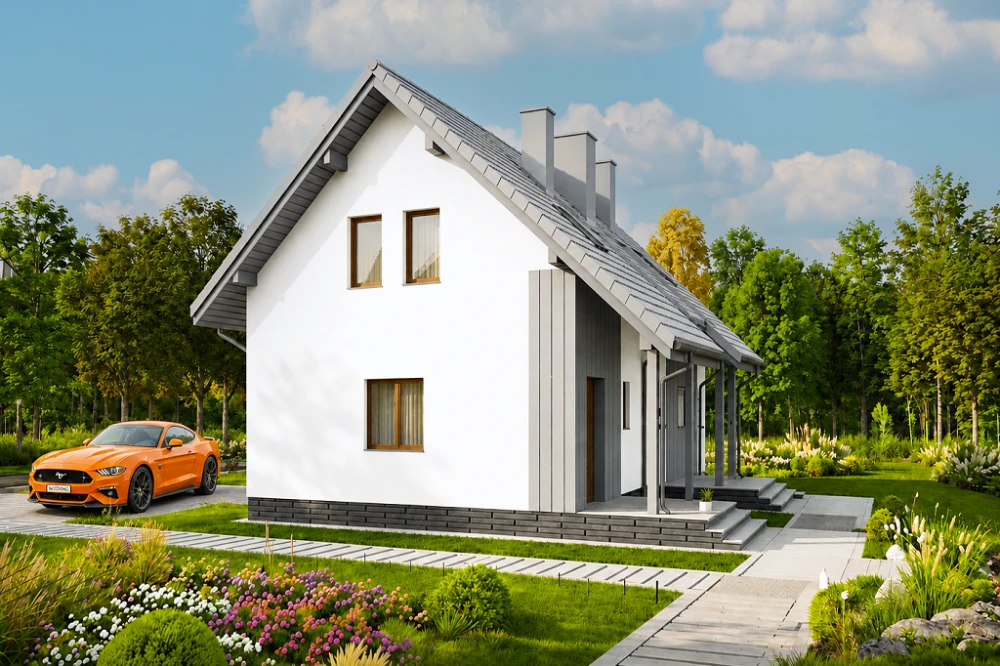 Projekt domu Hadia B tech. DM-6684 B tech., dwulokalowego, parterowy z poddaszem użytkowym - wizualizacja elewacji prawej