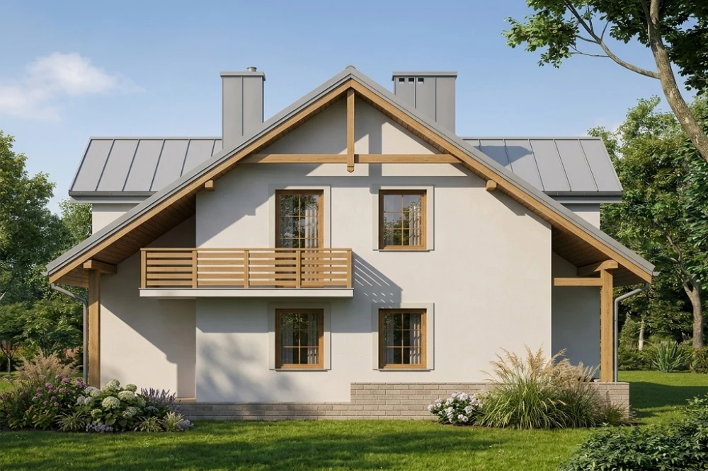 Projekt domu Bielanki tech. DM-6177 tech., parterowy z poddaszem mieszkalnym, częściowo podpiwniczony, z garażem z wydzieloną częścią gospodarczą - wizualizacja elewacji prawej