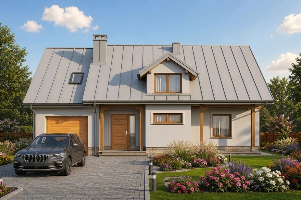 Projekt domu Bielanki tech. DM-6177 tech., parterowy z poddaszem mieszkalnym, częściowo podpiwniczony, z garażem z wydzieloną częścią gospodarczą - wizualizacja elewacji frontowej