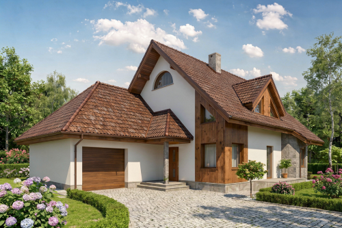 Projekt domu Radwanowice L-5543, parterowy z poddaszem użytkowym, z garażem, częściowo podpiwniczony - wizualizacja elewacji frontowej