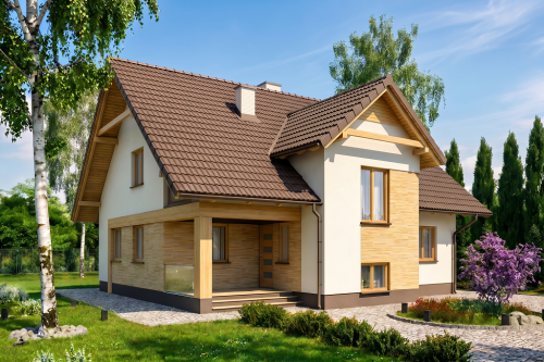 Projekt domu Mulawicze DM-6137, parterowy z poddaszem użytkowym, bez garażu, częściowo podpiwniczony - wizualizacja elewacji frontowej